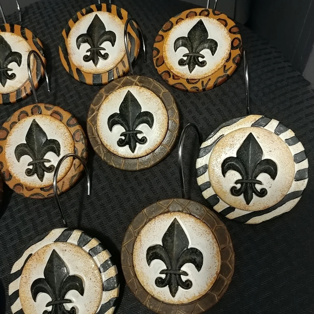 NEW Fleur De Lis Animal Print Shower Curtain Hooks 12 pc
